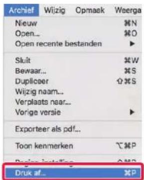 Archief Wijzig Opmaak Weerga Nieuw Open... Open recente bestanden Sluit Bewaar... Duplicier Wijzig naam... Verplaats naar... Vorige versie Exporteer als pdf... Toon kenmerken Druk af...