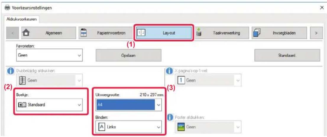 Voorkeursinstellingen Aldrukvoorkeuren Algemeen Papieinvoertron Layout Taakverwerking Invoegbladen Favorieten: Geen Opslaan (1) Standard. Dubbelajdg aldrukken: Geen (2) Borekje: Standaard Uitvoergroote: 210 x 297 mm. A4 Binden: Links X pagina's op-1-vet Geen Poster aldukken: Geen