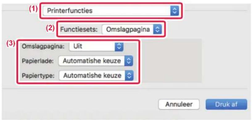 (1) Printerfuncties (2) Functiesets: Omslagpagina (3) Omslagpagina: Uit Papierlade: Automatishe keuze Papiertype: Automatishe keuze Annuleer Druk af