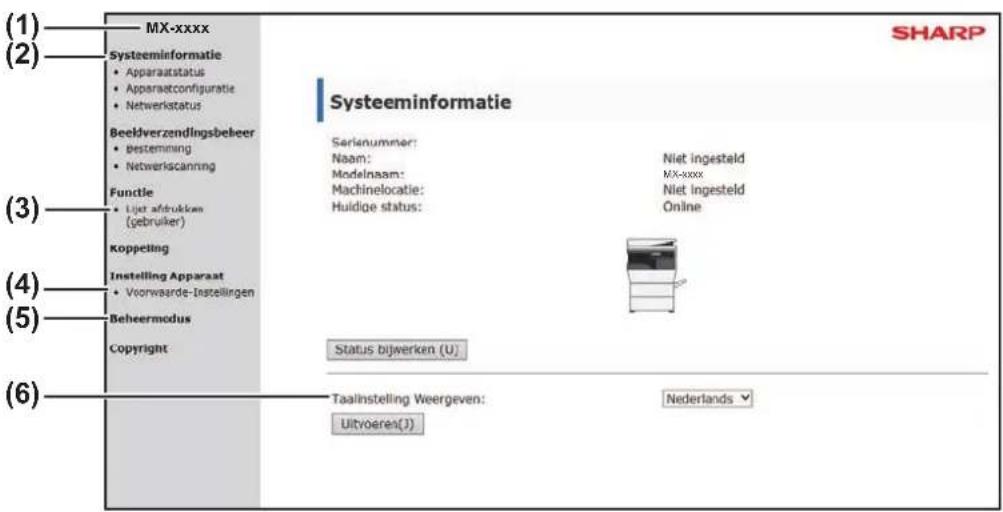 (1) MX-xxxx (2) Systeeminformatie • Apparaatstatus • Apparaatconfiguratie • Netwerkstatus Beeldverzendingsbebeer • Bestemming • Netwerkscanning Functie • Lijst aftrukken (gebruiker) Koppeling Instelling Apparaat • Voorwaarde-Instellingen Beheermodus Copyright (3) Systeeminformatie Sarienummer: Naam: Modelnaam: Machinelocatie: Huidige status: Niet ingesteld MX-xxxx Niet ingesteld Online Status bijwerken (U) Taalinstelling Weergeven: Nederlands Ultvoeren(J)