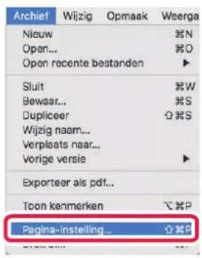 Archief Wijzig Opmaak Weerga Nieuw N Open... O Open recente bestanden ► Sluit W Bewaar... S Dupliceer Q S Wijzig naam... Verplaats naar... Vorige versie ► Exporteer als pdf... Toon kenmerken °C P Pagina-instelling □ P