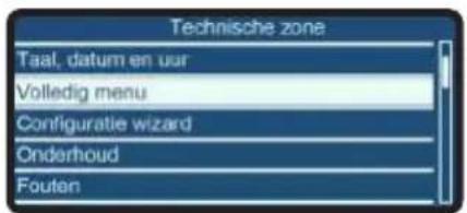 Technische zone Taal, datum en uur Volledig menu Configuratie wizard Onderhoud Fouten
