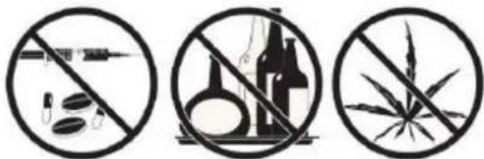 Three circular symbols representing prohibited substances: no smoking, chemical use, and cannabis use.