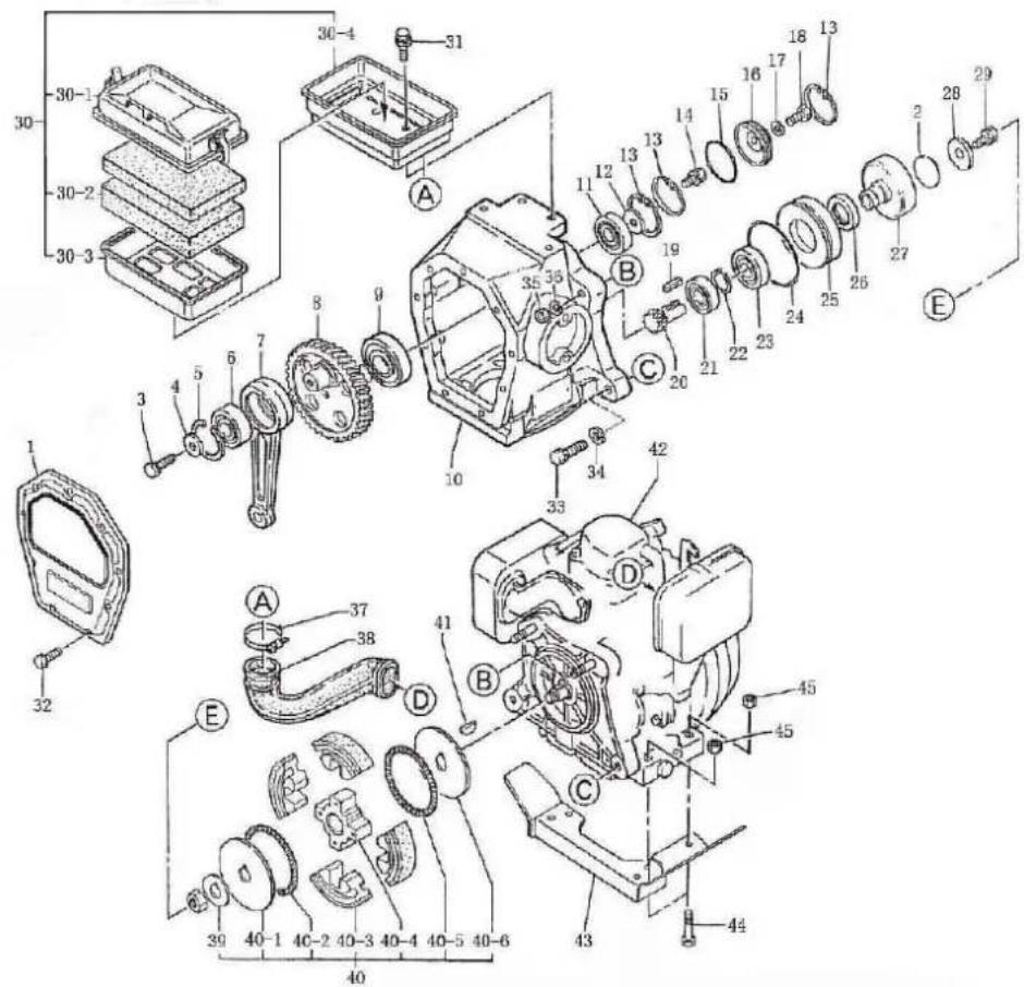 Exploded view diagram of a mechanical assembly with numbered parts and exploded views
