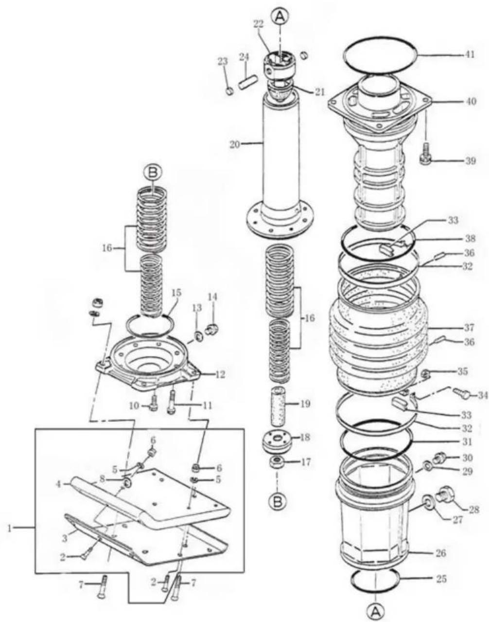 Exploded view diagram of a mechanical assembly with numbered parts and exploded views