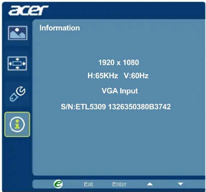 acer Information 1920 x 1080 H:65KHz V:60Hz VGA Input S/N:ETL5309 1326350380B3742 Exit Enter