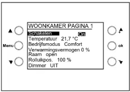 WOONKAMER PAGINA 1 Schakelen On Temperatuur 21,7 °C Bedrijfsmodus Comfort Verwarmingsvermogen 0 % Raarn open Rolluikpos. 100 % Dimmer UIT