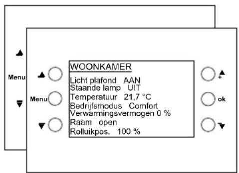 WOONKAMER Licht plafond AAN Staande lamp UIT Temperatuur 21,7 °C Bedrijfsmodus Comfort Verwarmingsvermogen 0 % Raam open Rolluikpos. 100 %