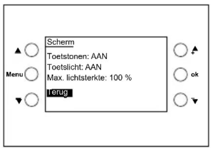 Scherm Toetstonen: AAN Toetslicht: AAN Max. lichtsterkte: 100 % Terug