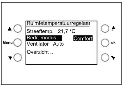 Ruimletemperatuurregelaar Streeftemp. 21,7 °C Bedr. modus Comfort Ventilator Auto Overzicht ..