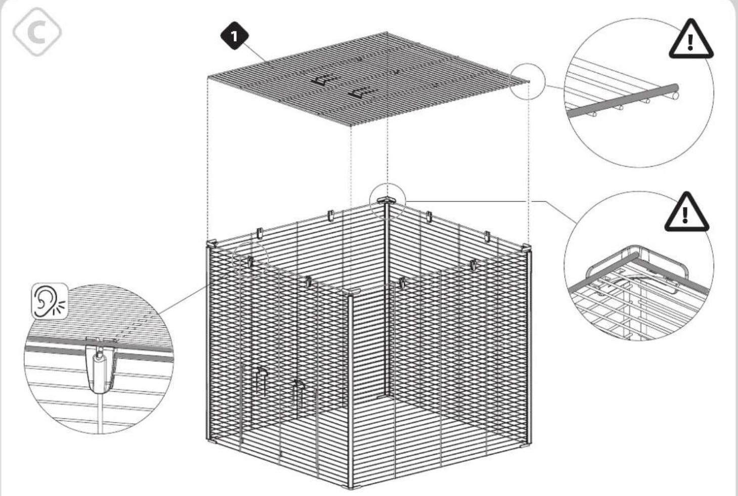 Technical diagram showing a wire cage structure with safety warnings and component details, including warning labels and magnified views.