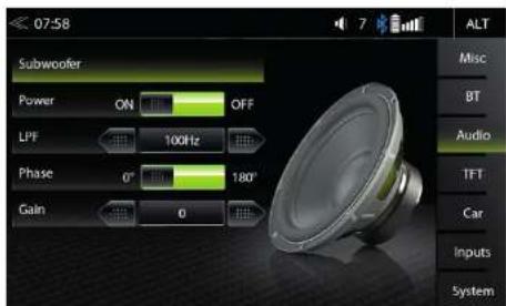 07:58 Subwoofer Power ON OFF LPF 100Hz Phase 0° 180° Gain 0 ALT Misc BT Audio TFT Car Inputs System