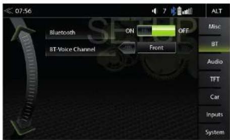07:56 Bluetooth ON OFF BT Voice Channel Front Misc BT Audio TFT Car Inputs System