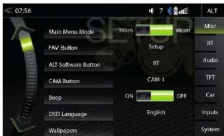 07:56 Main Menu Mode 3Icon 6Icon Setup BT CAM-1 ON OFF English Wallpapers Misc BT Audio TFT Car Inputs System