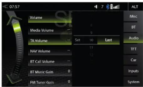 07:57 Volume Media Volume TA Volume NAV Volume BT Call Volume BT Music Gain FM Tuner Gain Set 10 Last 11 12 8 9 ALT Misc BT Audio TFT Car Inputs System