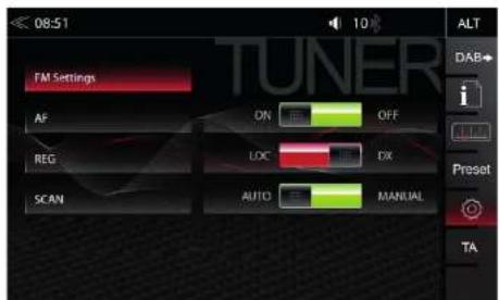 08:51 FM Settings AF REG SCAN ON OFF LOC FX AUTO MANUAL ALT DAB- i Preset TA