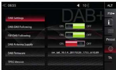 08:55 DAB Settings DAB-DAB Following FM-DAB Following DAB Antenna Supply DAB Firmware TPEG Version SW_SAT_10.1.4_20170320_1753_c110.89 10 ALT FM i Preset TA