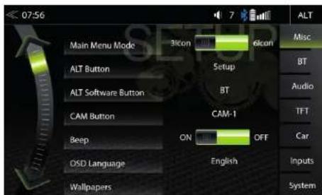 07:56 Main Menu Mode ALT Button ALT Software Button CAM Button Beep DSD Language Wallpapers 3Icon 6Icon Setup BT CAM-1 ON OFF English ALT Misc BT Audio TFT Car Inputs System