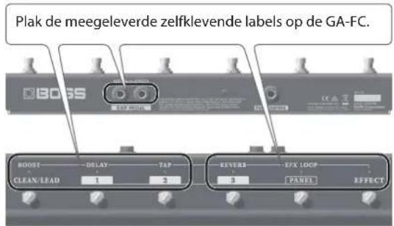 Plak de meegeleverde zelfklevende labels op de GA-FC. BOSS 6 COOL BOOST DELAY TAP GREEN EFX LOOP CLEAN/LEAD 1 2 3 PANEL EFFECT