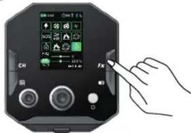 Diagram of a camera control panel with labeled buttons and a hand pointing to the screen, showing status indicators like CM, FX, and ISO.