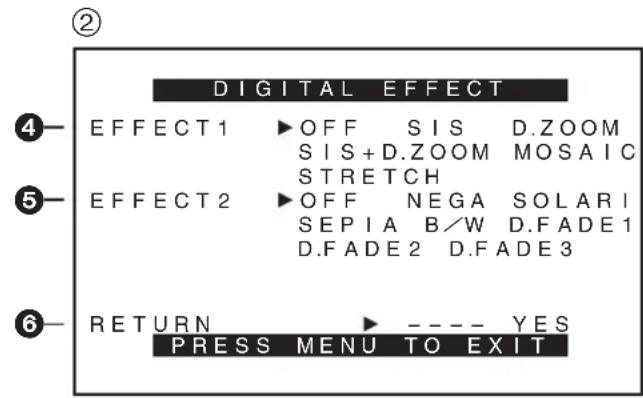 DIGITAL EFFECT 4- EFFECT 1 ▶ OFF SIS D.ZOOM SIS + D.ZOOM MOSAIC STRETCH 5- EFFECT 2 ▶ OFF NEGA SOLARI SEPIA B/W D.FADE 1 D.FADE 2 D.FADE 3 6- RETURN ▶ ---- YES PRESS MENU TO EXIT