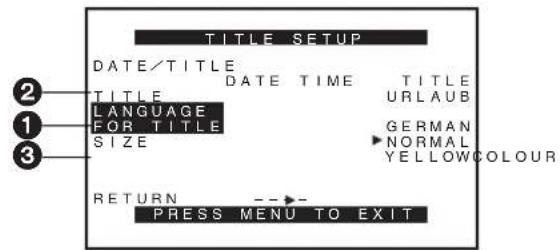 TITLE SETUP DATE/TITLE DATE TIME TITLE LANGUAGE FOR TITLE SIZE RETURN PRESS MENU TO EXIT TITLE URLAUB GERMAN NORMAL YELLOWCOLOUR