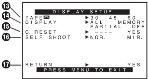 13 14 15 16 DISPLAY SETUP TAPE ▶ 30 45 60 DISPLAY ▶ ALL MEMORY PARTIAL OFF C. RESET ▶ ---- YES SELF SHOOT ▶ NOR. MIR. 17 RETURN ▶ ---- YES PRESS MENU TO EXIT