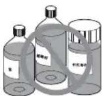 Illustration of three labeled glass bottles with Chinese text, including a crossed-out circle symbol overlay.