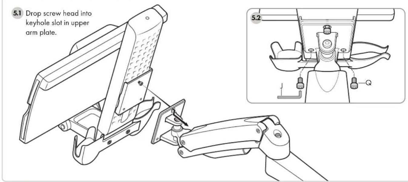 5.1 Drop screw head into keyhole slot in upper arm plate. 5.2