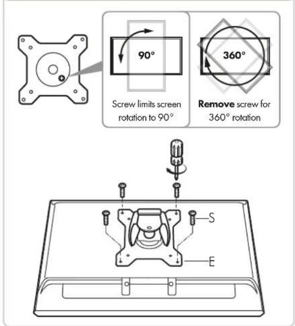 Screw limits screen rotation to 90° Remove screw for 360° rotation S E