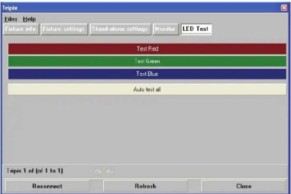 Tripix Files Help Fixture info Fixture settings Stand-alone settings Monitor LED Test Test Red Test Green Test Blue Auto test all Tripix 1 of (of 1 to 1) <=>> Reconnect Refresh Close