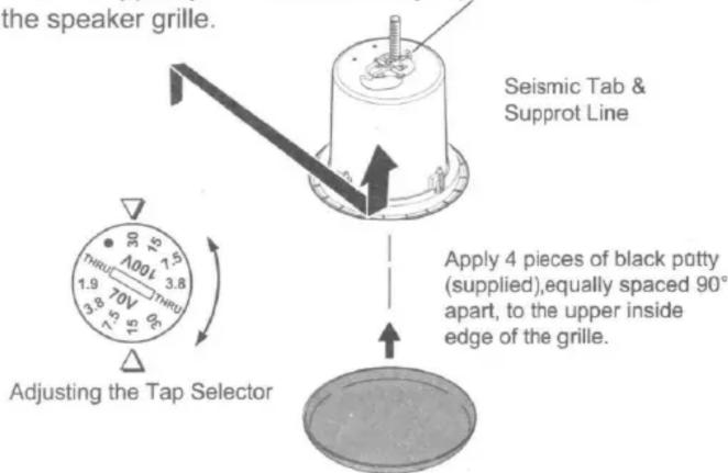the speaker grille. Seismic Tab & Supprot Line Apply 4 pieces of black patty (supplied), equally spaced 90° apart, to the upper inside edge of the grille. Adjusting the Tap Selector