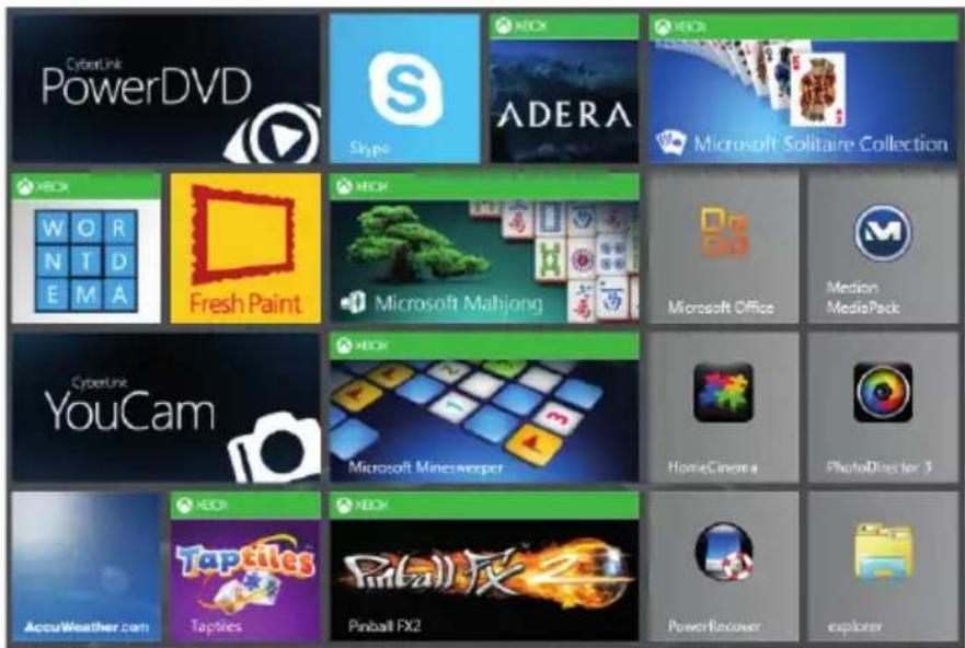 CyberLink PowerDVD Skype XEROX ADERA XEROX Microsoft Solitaire Collection W O R N T D E M A Fresh Paint XEROX Microsoft Mahjong Microsoft Office Medion MediaPack XEROX YouCam Microsoft Minesweeper HomeCinema PhotoDirector 3 AccuWeather.com TapTiles Taptics Pinball FX2 PowerRecover explorer