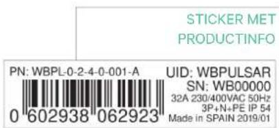 STICKER MET PRODUCTINFO PN: WBPL-0-2-4-0-001-A UID: WBPULSAR SN: WB00000 32A 230/400VAC 50Hz 3P+N+PE IP 54 Made in SPAIN 2019/01 0 602938 062923