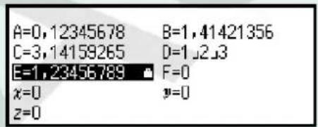A=0,12345678 B=1,41421356 C=3,14159265 D=1,2,3 E=1,23456789 F=0 x=0 y=0 z=0