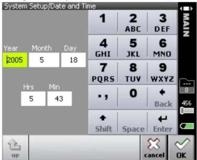 System Setup/Date and Time 1 | 2 | 3 ABC DEF 4 | 5 | 6 GHI JKL MNO 7 | 8 | 9 PQRS TUY WXYZ • , 0 ← Back ↑ Shift Space Enter MAIN Year Month Day 2005 5 18 Hrs Min 5 43 up cancel OK