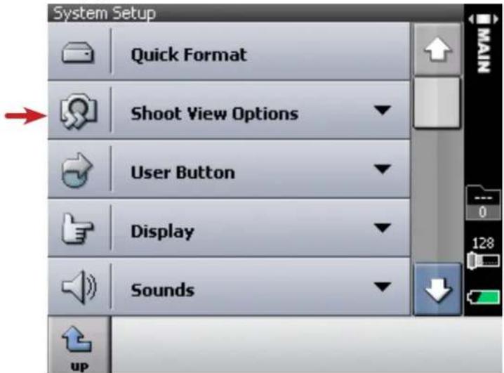 System Setup Quick Format Shoot View Options User Button Display Sounds up