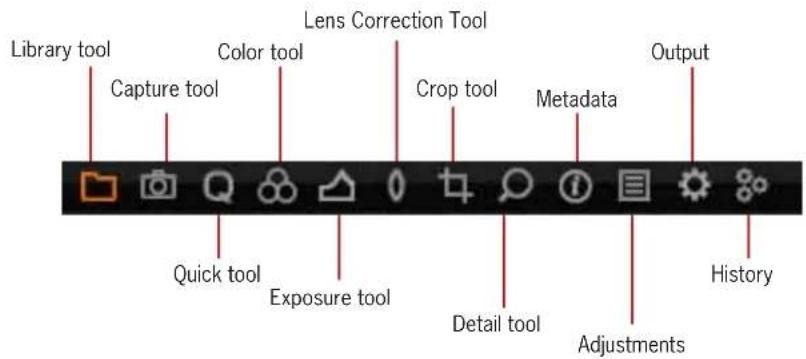 Library tool Capture tool Color tool Lens Correction Tool Crop tool Metadata Output Quick tool Exposure tool Detail tool Adjustments History