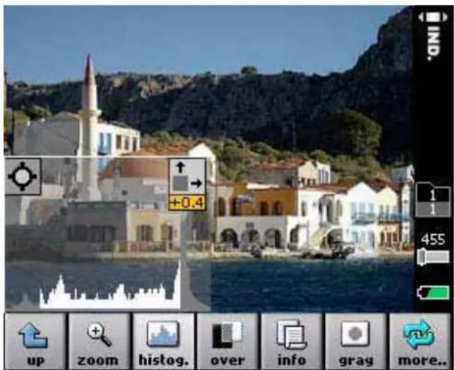 Screenshot of a photo editing interface showing coastal town with building, camera adjustment sliders, and UI controls for zoom, histog., and info.