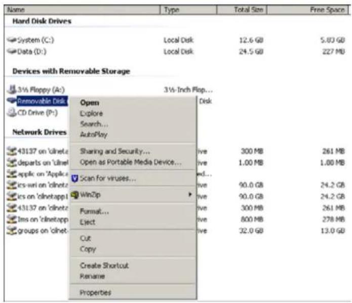 Name Type Total Size Free Space Hard Disk Drives System (C:) Local Disk 12.6 GB 5.83 GB Data (D:) Local Disk 24.5 GB 227 MB Devices with Removable Storage 3½ Floppy (A:) 3½-Inch Flop... Removable Disk Open Explore Search... AutoPlay Network Drives 43137 on 'clineta departs on 'clinet applic on 'Applica ics-wri on 'clinetz ics on 'clinetappl 43137 on 'clinetz ins on 'clinetapp groups on 'clinet- Open as Portable Media Device... Scan for viruses... WinZip Format... Eject Cut Copy Create Shortcut Rename Properties Disk live 300 MB live 1.00 MB live 90.0 GB live 90.0 GB live 300 MB live 800 MB live 32.0 GB 261 MB 1.00 MB 24.2 GB 24.2 GB 261 MB 278 MB 13.0 GB