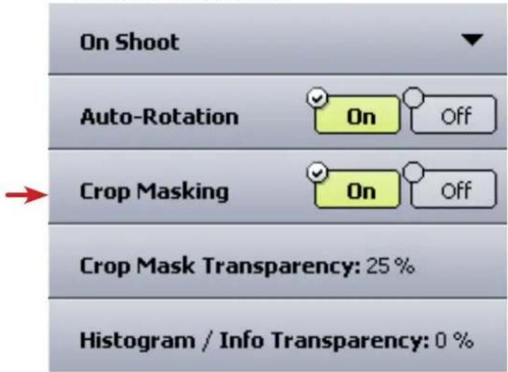 On Shoot Auto-Rotation On Off Crop Masking On Off Crop Mask Transparency: 25 % Histogram / Info Transparency: 0 %