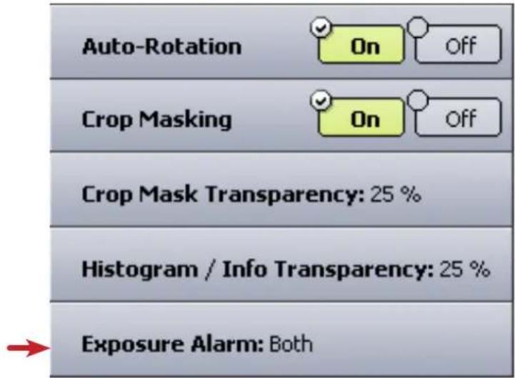 Auto-Rotation On Off Crop Masking On Off Crop Mask Transparency: 25 % Histogram / Info Transparency: 25 % Exposure Alarm: Both