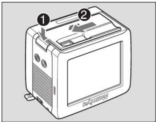 Diagram of a device with labeled parts, showing front panel and screen with 'RANW' branding