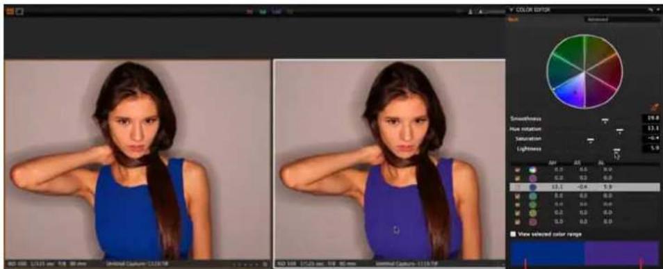 COLOR EDITOR Smoothness Hue rotation Saturation Lightness 0.0 0.0 0.0 0.0 0.0 0.0 13.1 -0.4 5.9 0.0 0.0 0.0 0.0 0.0 0.0 0.0 0.0 0.0 View selected color range