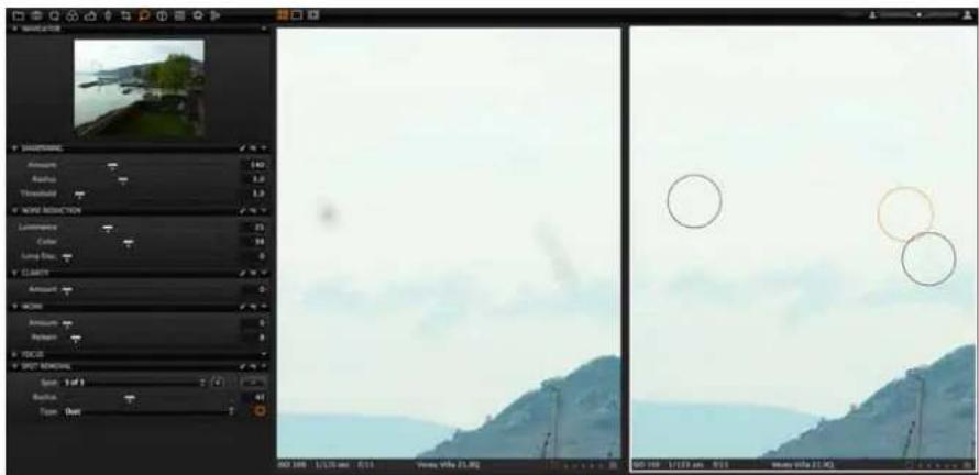 Screenshot of photo editing software interface showing landscape preview and adjustment panels with circular annotations