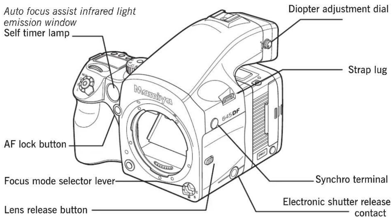 Auto focus assist infrared light emission window Self timer lamp Mamiya 645DF Diopter adjustment dial Strap lug AF lock button Focus mode selector lever Lens release button Synchro terminal Electronic shutter release contact
