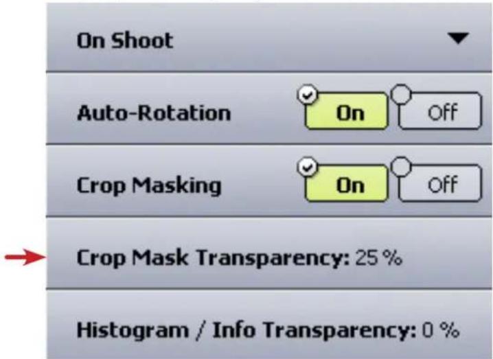 On Shoot Auto-Rotation On Off Crop Masking On Off Crop Mask Transparency: 25 % Histogram / Info Transparency: 0 %