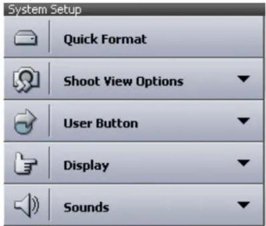 System Setup Quick Format Shoot View Options User Button Display Sounds