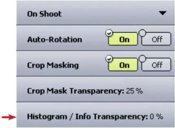 On Shoot Auto-Rotation On Off Crop Masking On Off Crop Mask Transparency: 25 % Histogram / Info Transparency: 0 %