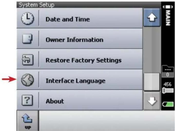 System Setup Date and Time Owner Information Restore Factory Settings Interface Language About up